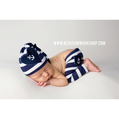 Newborn Knot Hat and Pant Set / Nautical Prop Set / Sailor Pants/ Navy Blue Stripes