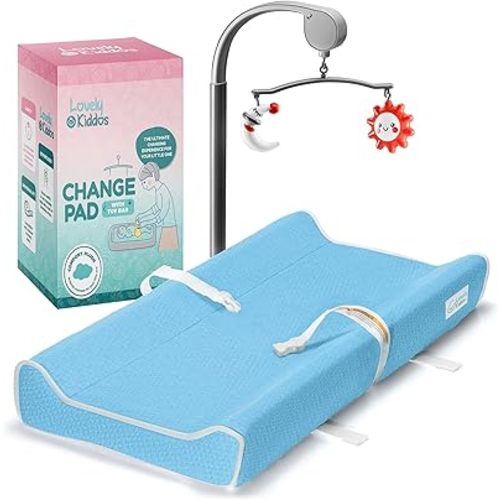 Changing Pad - Foam Contoured Baby Changing Pad for Dresser, Waterproof Diaper Changing Table Pad, includes Soft, Removable & Washable Non-Slip Cover, Bonus Portable Toy Bar with Music Mode Included
