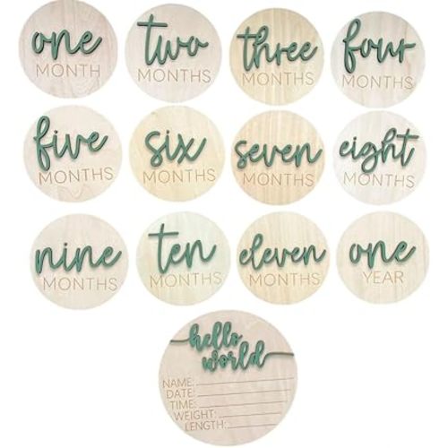 Baby Monthly Milestone Cards, 3D Premium Wooden Discs for Baby Photos and Pregnancy Journey plus BONUS Hello World Sign for Birth Announcement and Documenting Growth, Light Wood Photo Props (13 pcs) Baby Shower and Gender Reveal Gift (Green)