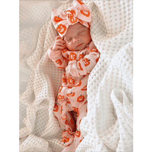 Organic Waffle Ruffle Zip Footie, Blush Jack-O-Lantern