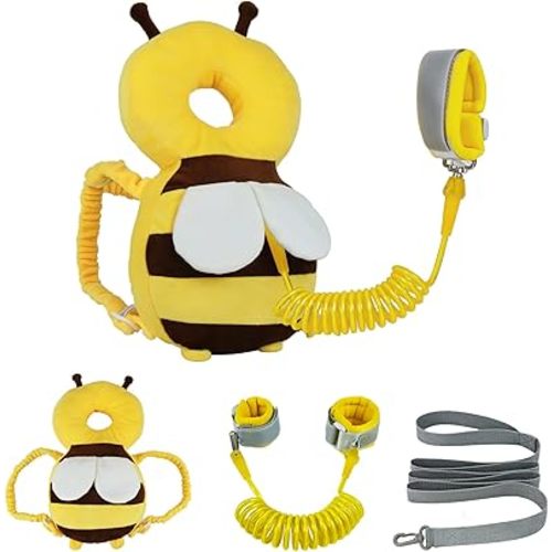 Baby Head Protector Backpack with Toddler Leash, Anti Lost Wrist Link, Adjustable Toddler Head Protection Backpack, 3 in 1 Cute Baby Fall Back Head Protector for Crawling Walking Gifts(Yellow Bee)