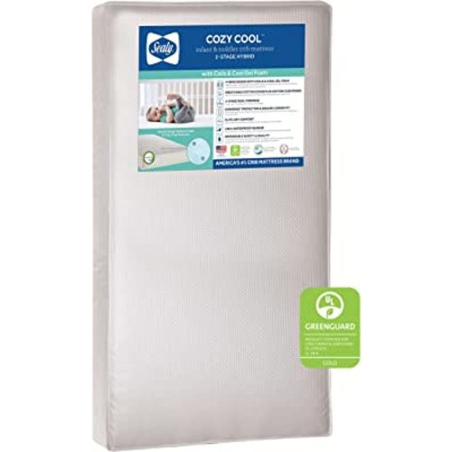 Sealy Cozy Cool 2-Stage Dual Firmness Waterproof Baby Crib Mattress & Toddler Bed Mattress, Hypoallergenic Cool Gel, 204 Premium Coils, Cool Cotton Cover, Air Quality Certified - Made in USA, 52"x28"