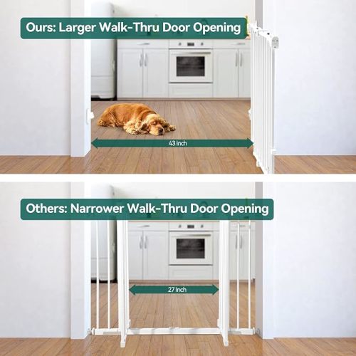 Babelio 26-43" No Bottom Bar Baby Gate for Babies, Elders and Pets, 2-in-1 Hardware Mount Dog Gate for The House, Stairs and Doorways, with Large Walk Thru Door, White