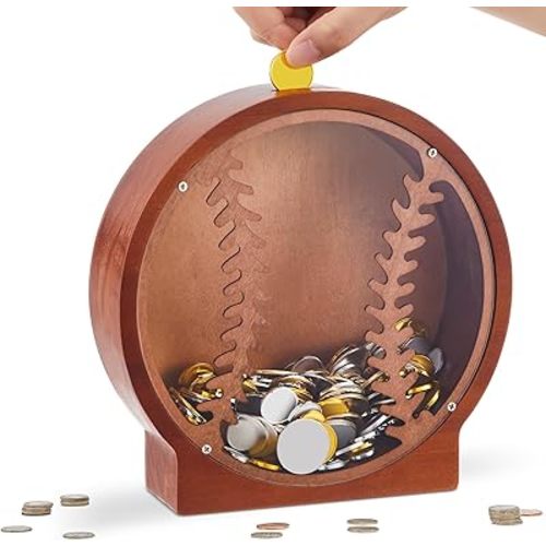 Foilswirl Wooden Baseball Piggy Bank for Kids Clear Piggy Bank with Transparent Window Cute Coin Box for Boy Girl Unbreakable Toddler Money Box for Child Birthday Sport Party Gift