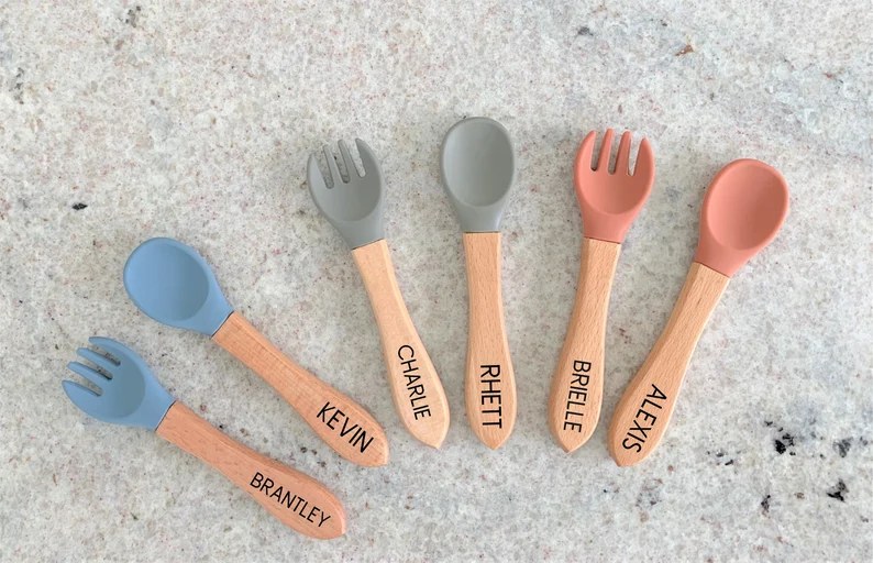 Personalized Wooden and Silicone Spoon and Fork Set