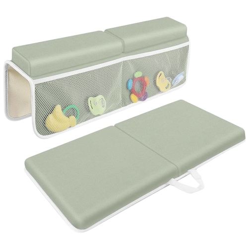 Bath Kneeler with Elbow Rest Pad Set, 1.5 inch Kneeling Pad Mat for Bathtub Baby Bathing Parents, Painless Foam Mat with Toy Organizer Pockets, Non-Slip for Baby and Toddler Bathing