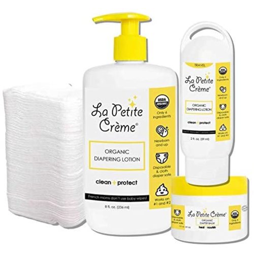 La Petite Creme French Diapering Starter Bundle - Includes Organic Diaper Lotion (8 oz and 2 oz), Diaper Balm (1 oz), and 50 Disposable Cotton Pads - Baby Essentials for Newborn - Baby Shower Gift Set
