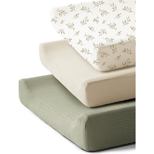 3 Pack Muslin Changing Pad Covers for Girl, Boy, 100% Soft Cotton Changing Table Cover, Breathable Baby Nursery Diaper Chang Pad Sheets (Leaf)