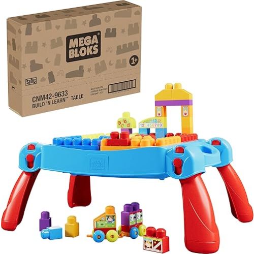 MEGA BLOKS First Builders Toddler Blocks Toy Set, Build ‘n Learn Activity Table with 30 Pieces and Storage, Blue, Ages 1+ Years (Amazon Exclusive)