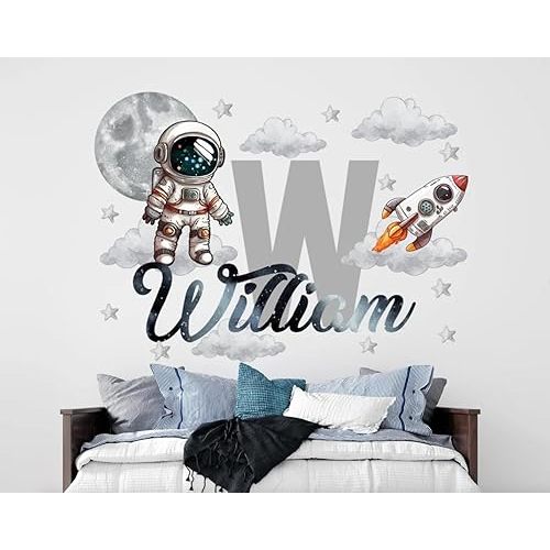 Astronaut Boy Name Wall Decal - Custom Name Vinyl Sticker for Kids Room Decor - Space Themed Nursery Room Decor - Rocket and Stars Wall Decal - Personalized Space Wall Art for Boys