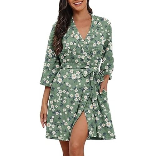 PrinStory Womens Robe Waffle Robes for Women Soft Bathrobe Lightweight Knee Length Loungewear