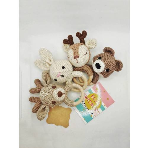 Woodland baby rattle bunny deer, knitted baby toys, boho stuffed animal bear, woodland themed gift parents to be gift, baby girl boy rattles