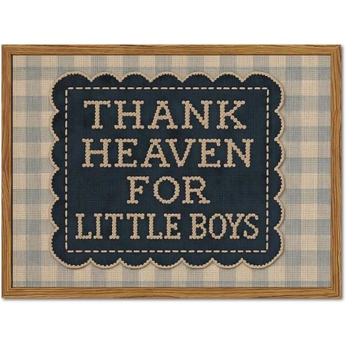 Framed Thank Heaven for Little Boys Wall Art, Baby Boy Nursery Wall Decor, Vintage Blue Gingham Inspirational Quote Paintings Canvas Prints Pictures for Toddler Kids Bedroom 12x16 inch