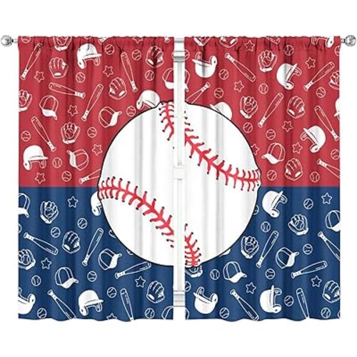 Baseball Theme Kids Boys Bedroom Window Curtains,Sports Baseball Elements Living Room Decor Drapes,Vintage Red Blue Girls Blackout 2 Panel Set,Rod Pocket 41" Wx63 L