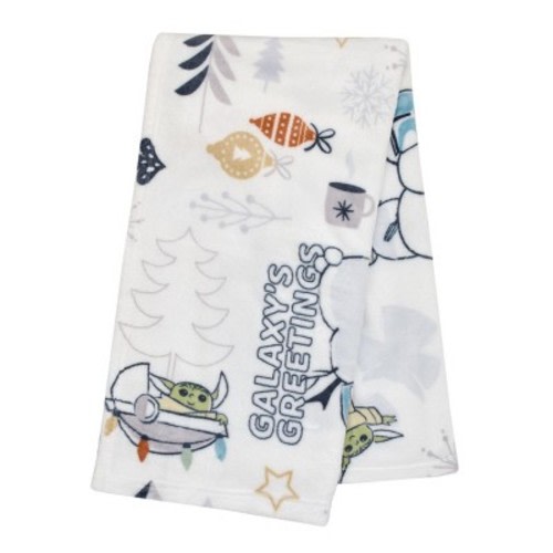 NoJo Star Wars Mandalorian White and Blue Galaxy's Greetings The Child Christmas Holiday Toddler Blanket
