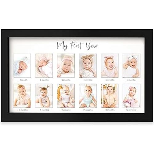 My First Year Photo Frame,12 Months Baby Picture Frame for Newborn Girl, Boy-Baby Shower Gifts Keepsakes,Monthly Baby's One Year Birthday Milestone,1st Nursery Photo Collage Display Board (Onyx Black)