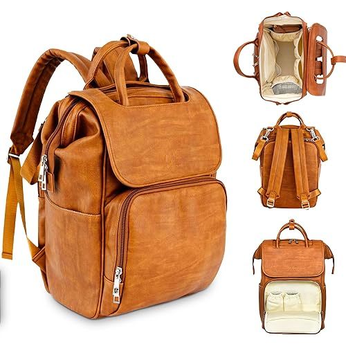 Citi Collective Explorer Brown Diaper Bag Backpack - Vegan Leather Diaper Bag with Shoulder Strap, Insulated Bottle Pockets, Changing Pad, Stroller Clip- Versatile Diaper Bag for Baby