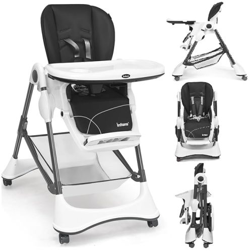 INFANS High Chair with One-Hand Removable Tray, 4 Lockable Wheels & Large Storage Basket - Multi-Adjustable Height, Recline & Footrest, Removable Cushion, Foldable for Baby, Infant& Toddler, Grey