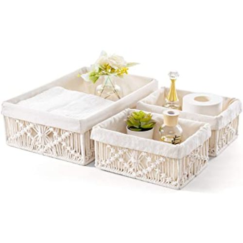 Mkono Macrame Storage Baskets Decor with Removable Cloth Liner Boho Storage Bins Handmade Woven Decorative Countertop Shelf Cabinet Organizer for Bedroom Nursery Living Room, Set of 3