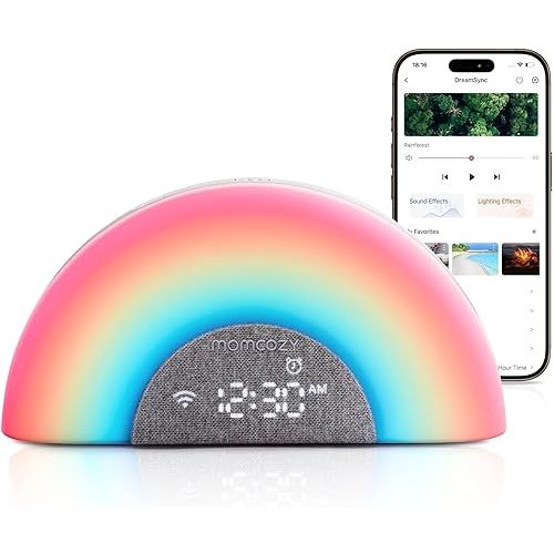 Momcozy DreamSync™ Baby Sound Machine, Night Light, APP Control Baby Sleep Trainer, Routine Builder, White Noise Machine with 34 Soothing Sounds, Wake Up Light Sunrise Alarm Clock, Wireless Speaker
