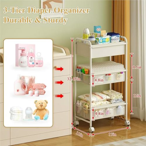 3-Tier Baby Diaper Caddy Cart Organizer,Mobile Nursery Storage Cart with Wheels,With 2 Dividers & 14 Mesh Pockets Durable Metal Utility Cart for Nursery, Bedroom, Bathroom Essentials Organization