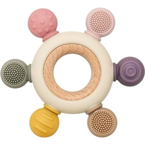 Baby Teething Toys for 3 Months+, Silicone Teethers BPA Free Silicone Rudder with Wooden Ring Soothe Babies Gums (Khaki)