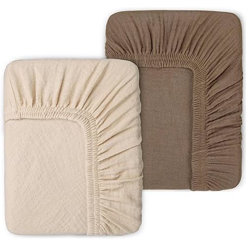 2 Pack Muslin Fitted Crib Sheets for Baby Girls & Boys-Neutral Breathable Crib Mattress Protector for Standard Crib Mattress(28"x 52")-Soft No Slip Cotton Bedding-Taupe Brown & Light Beige