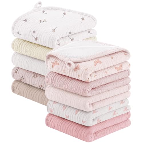 Bearmoss 10 Pack Muslin Burp Cloths, Soft Absorbent Baby Burping Cloths for Unisex Boys and Girls, Newborn Essentials Large Extra Washcloths, 20x10 inches