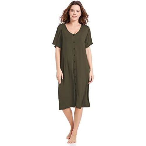 CHUNG Women Nightgown Loose Fit NightShirt Front Open Button Down Pajamas Nightdress Short Sleeve Sleepwear Under Knee Gown