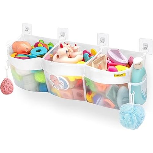 Bath Toy Organizer, 3 Compartment Bathtub Toy Storage Bag, Quick Access Bath Toy Holder Baby Shower Games bath Tub Quick Dry Baby Bath Toy Storage Accessory White