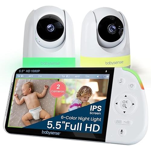 Babysense Full HD 5.5" Split Screen Baby Monitor with 2 Cameras, 6-Color Night Light, White Noise, Sound & Light Machine, 20-Hour Battery, Hack-Proof Non-WiFi Secure Connection