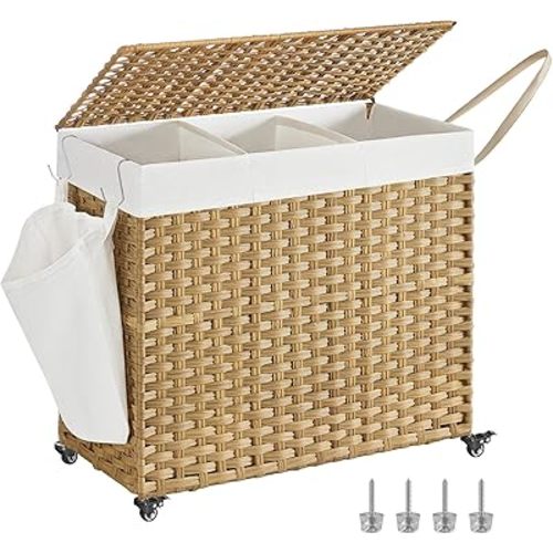 SONGMICS Laundry Hamper with Lid, 42.3 Gallons (160 L), Rolling Laundry Basket with Wheels, 3-Section Synthetic Rattan, Removable Liner, Bedroom, 27.6 x 14.2 x 26 Inches, Natural ULCB365N01