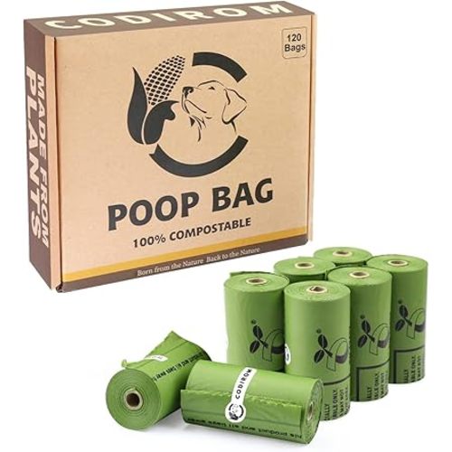 Certified Compostable Dog Poop Bags, 120 Count Landfill Friendly and Leakproof Waste Bags, Easy Open Unscented Forest Green Poop Bag for Dog, 15 Doggy Bags Per Roll (8 rolls)