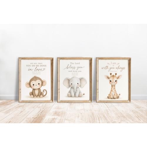 Bible Verse Nursery Wall Art Set of 3, Elephant Giraffe Monkey Prints or Canvas, Cute Safari Nursery Decor, Christian Baby Room Wall Art