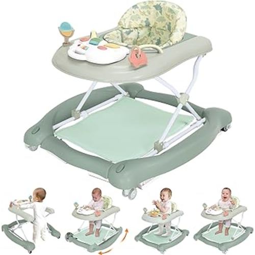 Foldable Baby 5-in-1 Activity Walker - Rocker, Activity Center, Bouncer, Seat Walker, Push Walker - Adjustable Speed Rear Wheels and Height Toys Ages 6-18 Months… (Light Green)