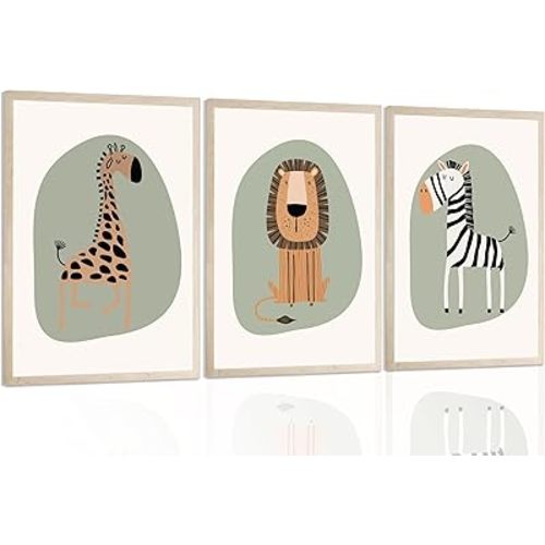 LQOZTBX 3Pcs Safari Animals Wall Art Nursery Animals Canvas Prints Boho Jungle Giraffe Picture Lion Painting Zebra Poster Boy Girl's Kids Room Wall Decor Unframed