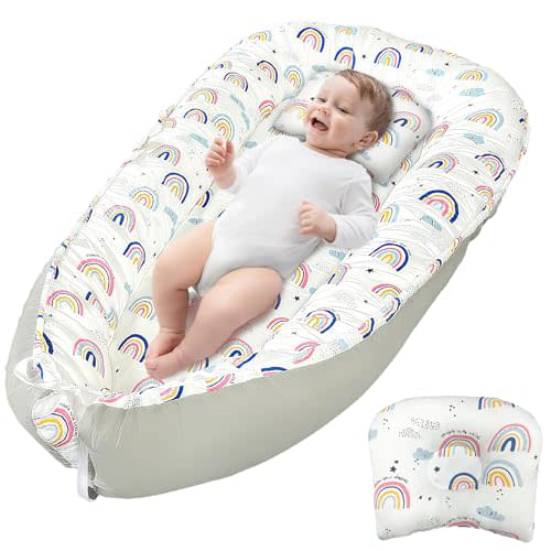 JIFTOK Baby Nests Lounger for Newborn, Snuggle Sleeping Bassinet for 0-24M, Breathable Portable Co Sleeping Bed, Baby Essentials Adjustable Infant Soft Cotton Loungers for Home & Travel -Rainbow