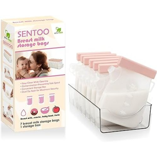 7 Pcs Breastmilk Storage Bags with a Fridge Organizer Bin, Reusable Breastfeeding Essentials, 11oz/320ml Double Leak-Proof Breastmilk Freezer Bags for Breastfeeding, Postpartum Essentials