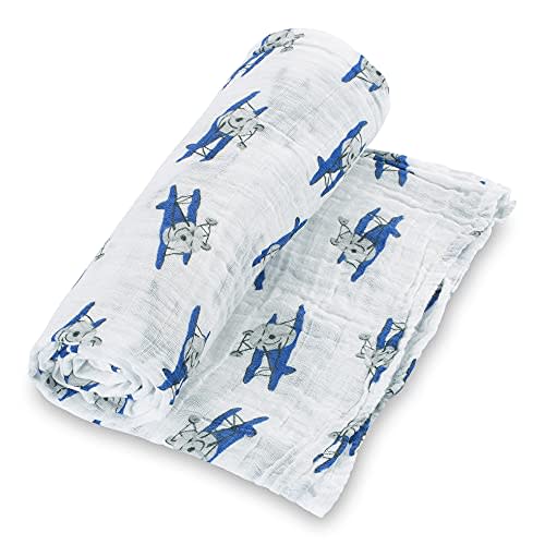 LollyBanks Muslin Swaddle Blanket, 100% Muslin Cotton Baby Blankets for Boys, 47 X 47 Inches Baby Boy Swaddles, Breathable and Lightweight Infant Blanket, Newborn Essential, Registry (Airplane Print)