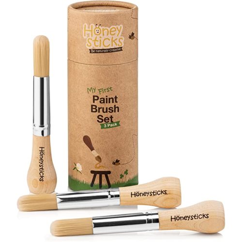 Honeysticks My First Paint Brush Set - 3 Pack: Ideal for Babies and Toddlers. Jumbo Brushes with Chubby Wood Handles for Easy Grip, Vegan. Includes Handy Storage Container