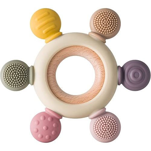 Baby Teething Toys Silicone Teethers BPA Free Silicone Rudder with Wooden Ring Soothe Babies Gums (Khaki)