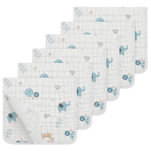 Looxii Muslin Burp Cloths 100% Cotton Muslin Cloths Large 20''x10'' Extra Soft and Absorbent 6 Pack Baby Burping Cloth for Boys and Girls (Elephant)