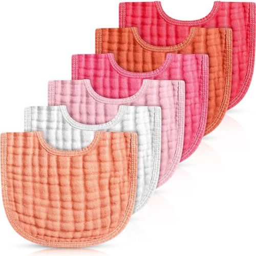 Frienda 6 Pcs Muslin Bibs Baby Burping Cloth Teething Bibs Bandana Bibs 6 Absorbent Layers Muslin Bibs for 6 Month+ Baby - Pink Series