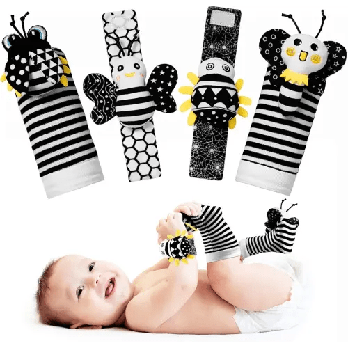 Baby Toys 0-6 Months - High Contrast Baby Toys for Newborn Toys 0-3 Months Brain Development Infant Toys Baby Rattles 6-12 Months Black and White Baby Rattle Socks & Wrist Toys Gifts for Boys Girls
