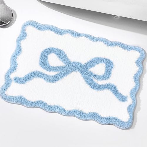 Tinideya Blue Scalloped Bow Bathroom Mat 16" x 24" Non Slip Coquette Bow Rug Cute Aesthetic Scallop Carpet Preppy Room Decor Microfiber Absorbent Bath Rug for Bathroom Bathtub Shower Bedroom