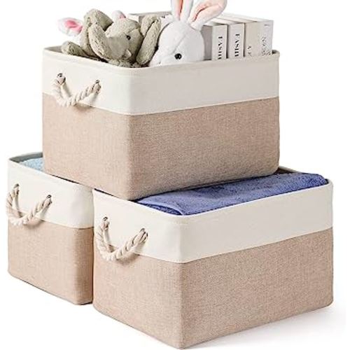 Storage Bins 3 Pack, Fabric Storage Basket for Collapsible Large Canvas Storage Baskets for Organizing Shelf Nursery Home Closet with Cotton Rope Handle 15(L) x 11(W) x 9.5(H) inch(White&Khaki-3PCS)