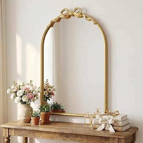 Vintage Arched Gold Wall Mirror - 16"x25" Antique Arch Gold Bow Wall Decorative Mirror, Metal Frame Baroque Bow Decor for Living Room, Nursery, Bathroom, Bedroom, Entryway, Hallway