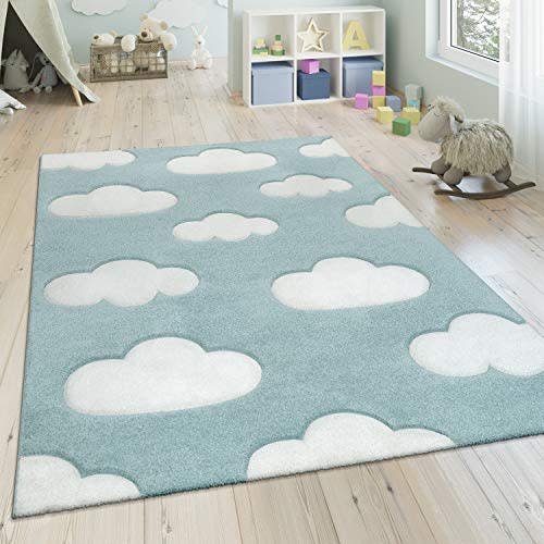 Modern Kids Rug with Clouds in Blue Pastel for Nursery, Size: 2'8" x 4'11"