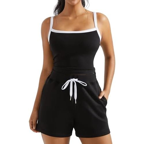 OMKAGI Women 2 Piece Outfits Sleeveless Tank Top Sweat Shorts Set with Pockets Vacation Sets