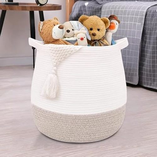 Large Cotton Rope Basket, Woven Storage Basket for Toy, Laundry and Blanket Organizer, Round Hamper Basket with Handles for Kid's Room 17.7"x16.9"